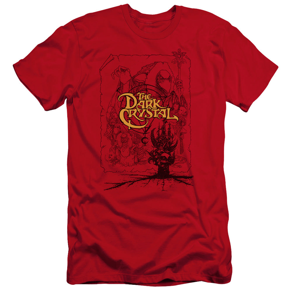 AN OFFCIALLY LICENSED DARK CRYSTAL POSTER LINES MEN'S PREMIUM SLIM FIT T-SHIRT RED