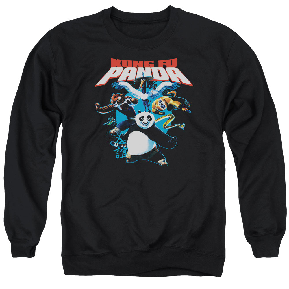 AN OFFCIALLY LICENSED KUNG FU PANDA KUNG FU GROUP ADULT UNISEX CREWNECK SWEATSHIRT BLACK