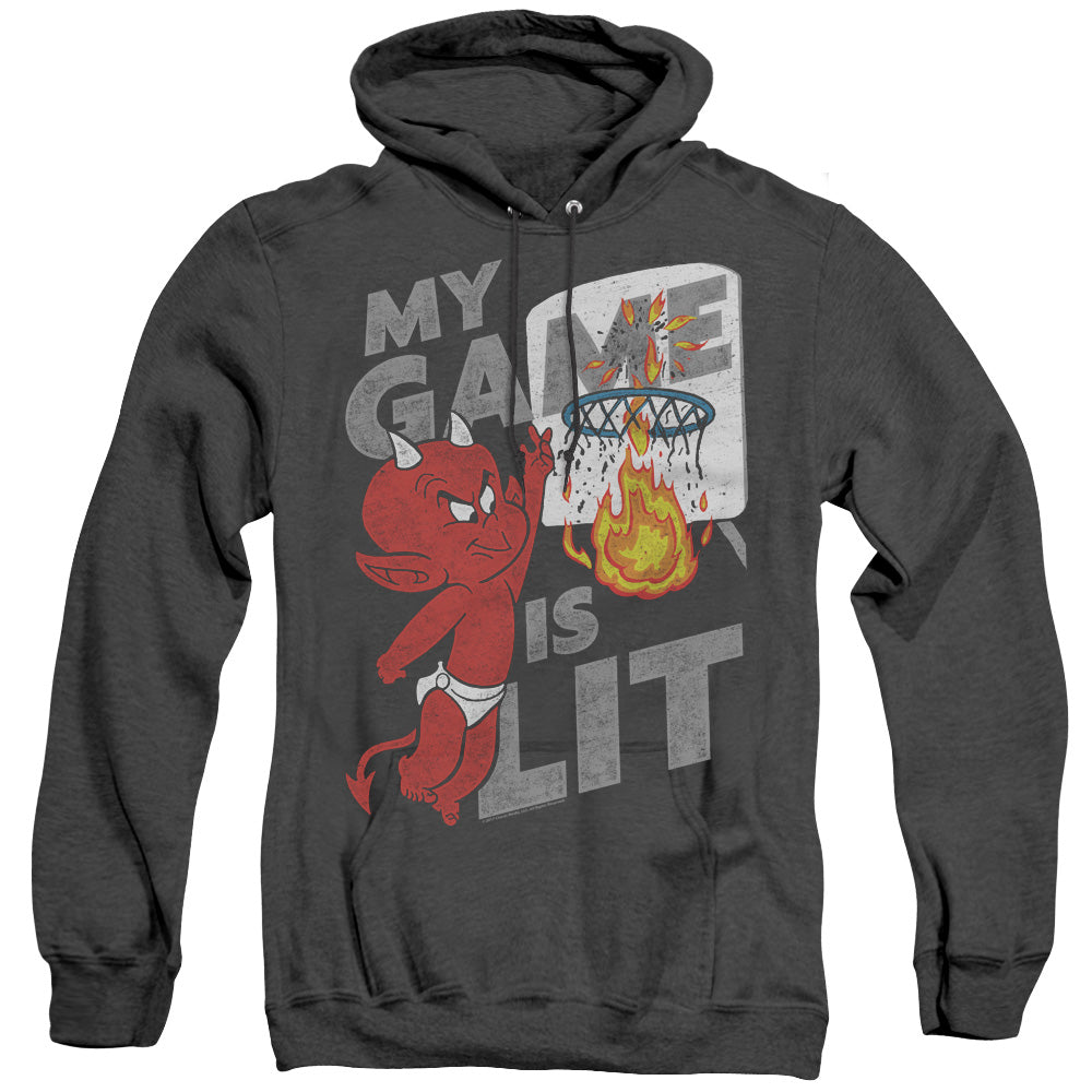 AN OFFCIALLY LICENSED HOT STUFF GAME IS LIT ADULT UNISEX HEATHER PULLOVER HOODIE BLACK