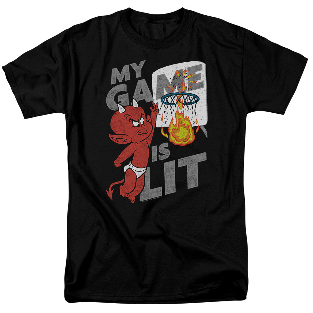 AN OFFCIALLY LICENSED HOT STUFF GAME IS LIT MEN'S REGULAR FIT T-SHIRT BLACK
