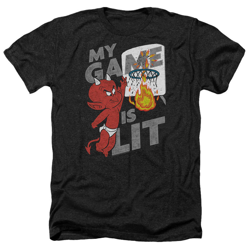 AN OFFCIALLY LICENSED HOT STUFF GAME IS LIT MEN'S HEATHER T-SHIRT CHARCOAL