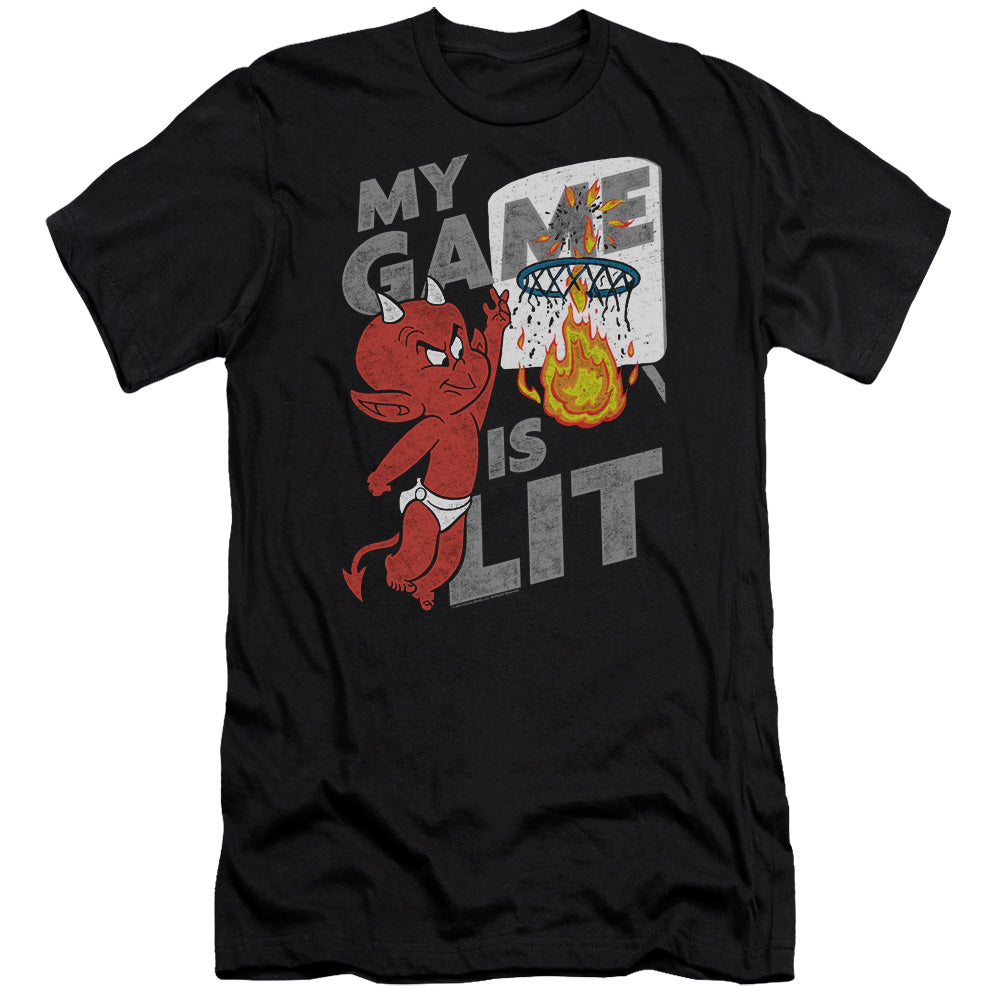 AN OFFCIALLY LICENSED HOT STUFF GAME IS LIT MEN'S PREMIUM SLIM FIT T-SHIRT BLACK