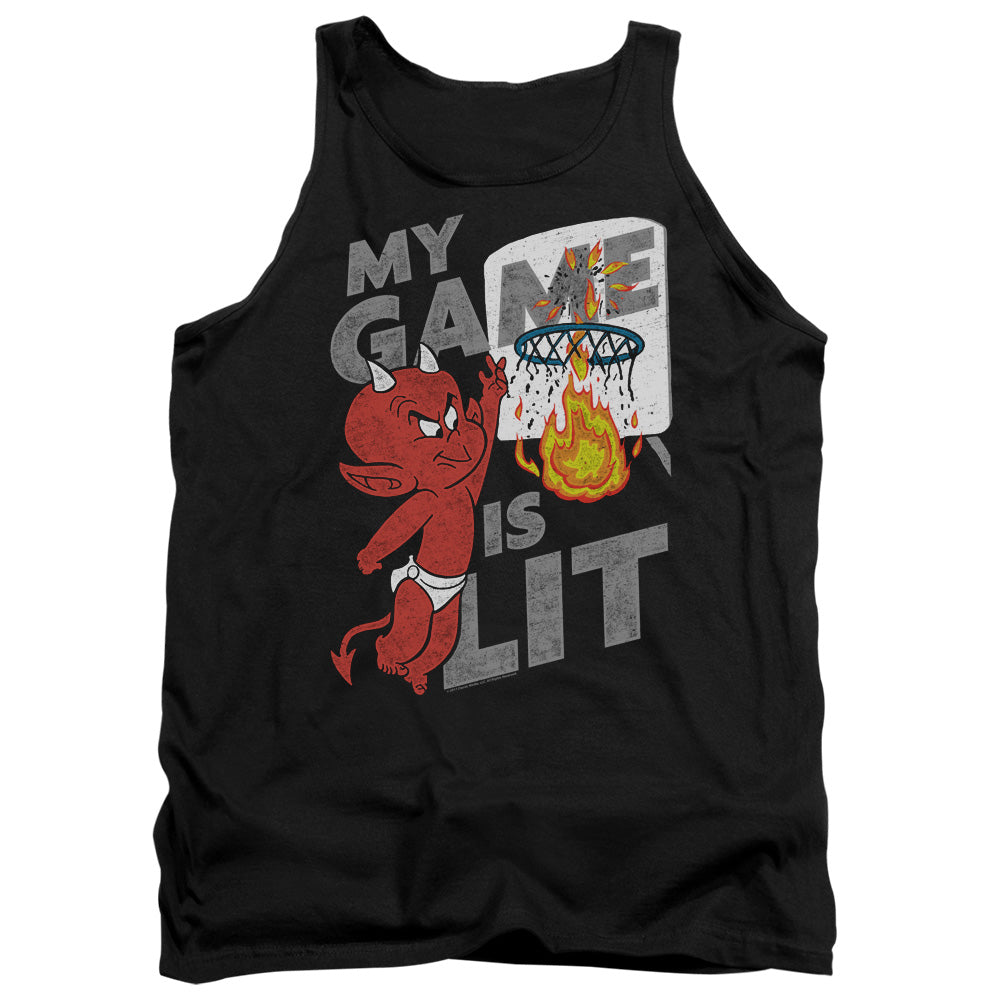 AN OFFCIALLY LICENSED HOT STUFF GAME IS LIT ADULT UNISEX TANK TOP BLACK