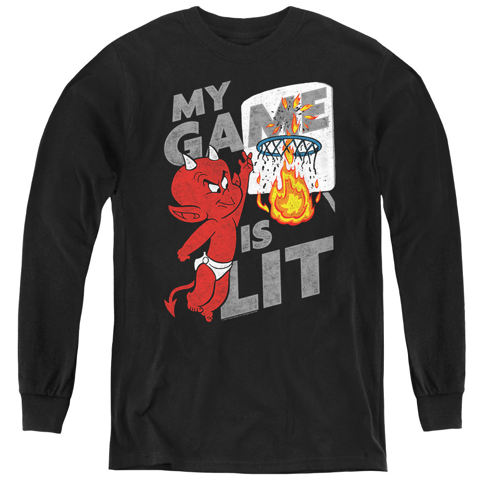 AN OFFCIALLY LICENSED HOT STUFF GAME IS LIT YOUTH LONG SLEEVE T-SHIRT BLACK