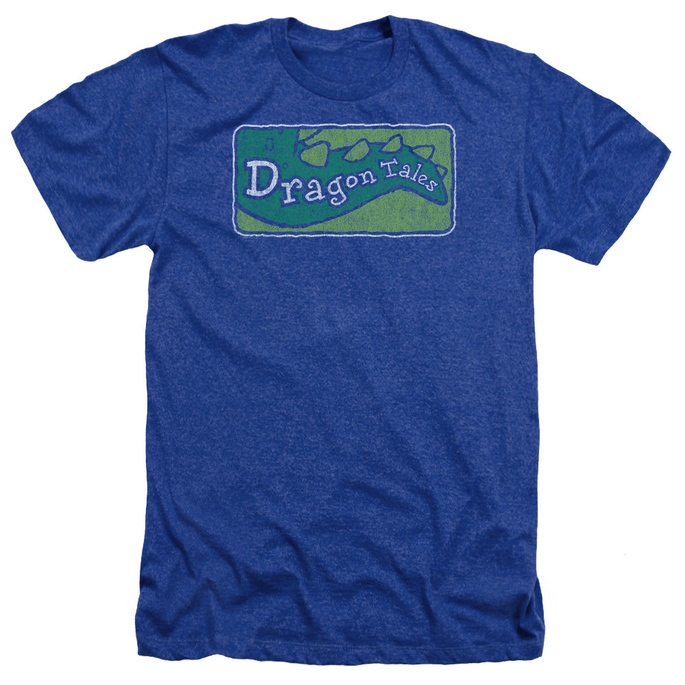 AN OFFCIALLY LICENSED DRAGON TALES LOGO DISTRESSED MEN'S HEATHER T-SHIRT ROYAL