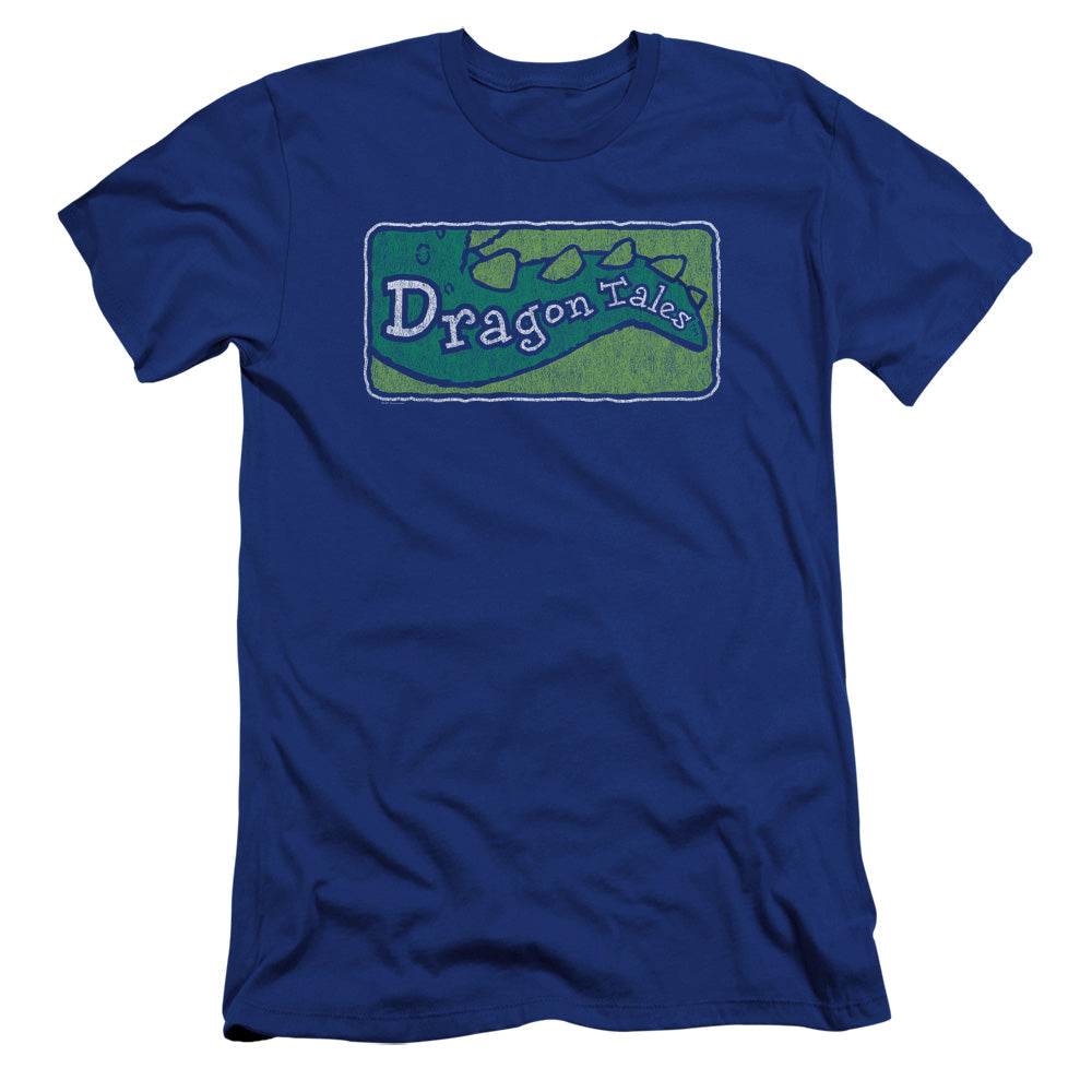 AN OFFCIALLY LICENSED DRAGON TALES LOGO DISTRESSED MEN'S PREMIUM SLIM FIT T-SHIRT ROYAL