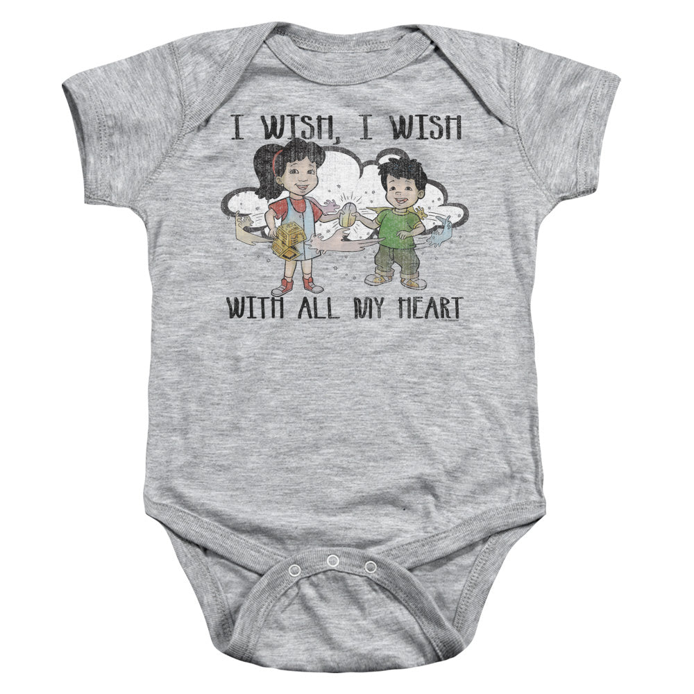 AN OFFCIALLY LICENSED DRAGON TALES I WISH WITH ALL MY HEART BABY BODYSUIT ATHLETIC HEATHER