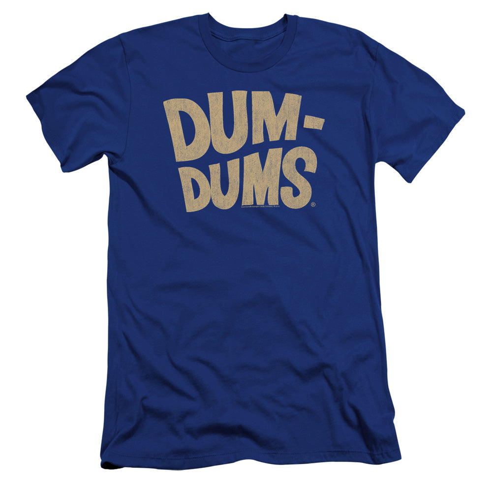 AN OFFCIALLY LICENSED DUM DUMS DISTRESSED LOGO MEN'S PREMIUM SLIM FIT T-SHIRT ROYAL