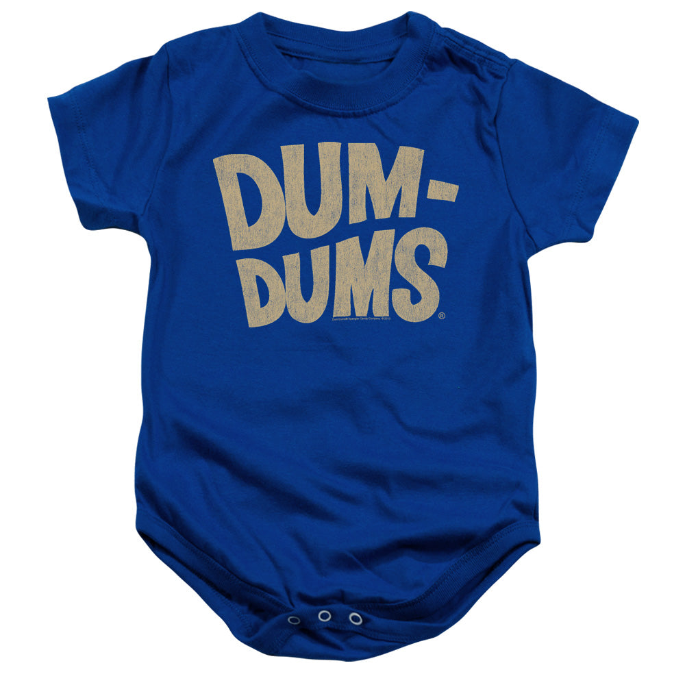 AN OFFCIALLY LICENSED DUM DUMS DISTRESSED LOGO BABY BODYSUIT ROYAL