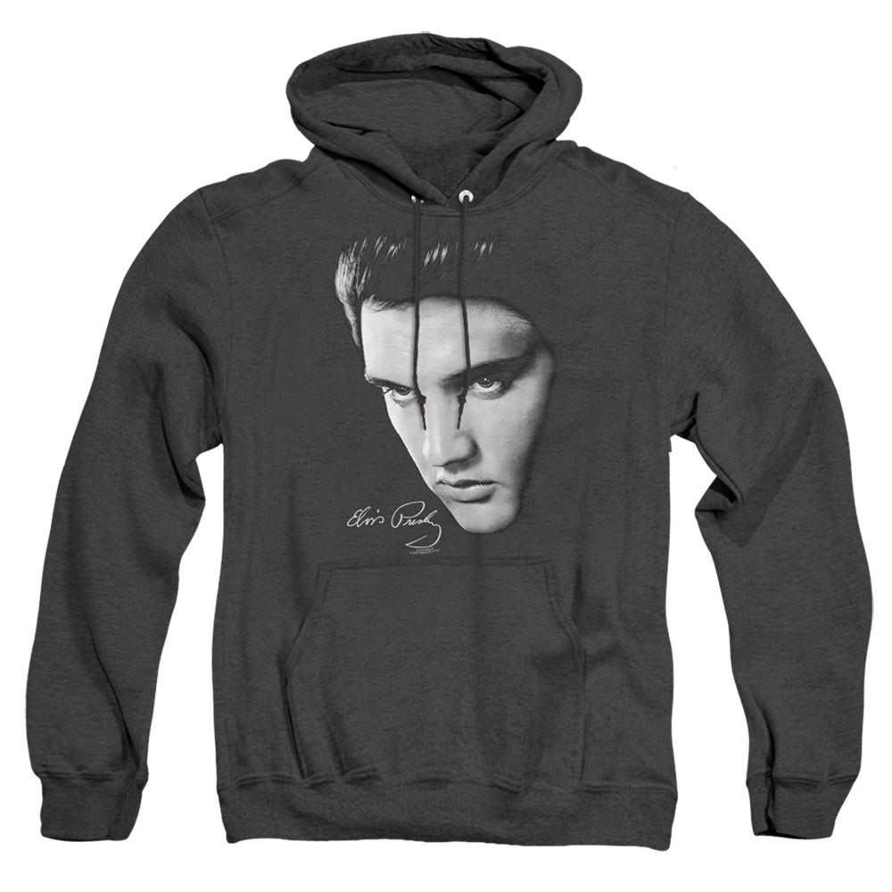 AN OFFCIALLY LICENSED ELVIS PRESLEY FACE ADULT UNISEX HEATHER PULLOVER HOODIE BLACK