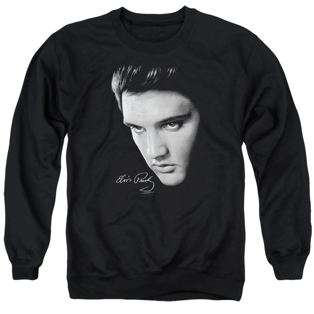 AN OFFCIALLY LICENSED ELVIS PRESLEY FACE ADULT UNISEX CREWNECK SWEATSHIRT BLACK