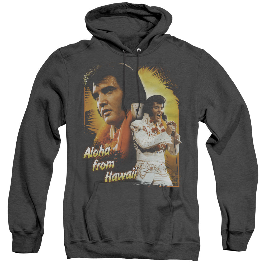 AN OFFCIALLY LICENSED ELVIS PRESLEY ALOHA ADULT UNISEX HEATHER PULLOVER HOODIE BLACK