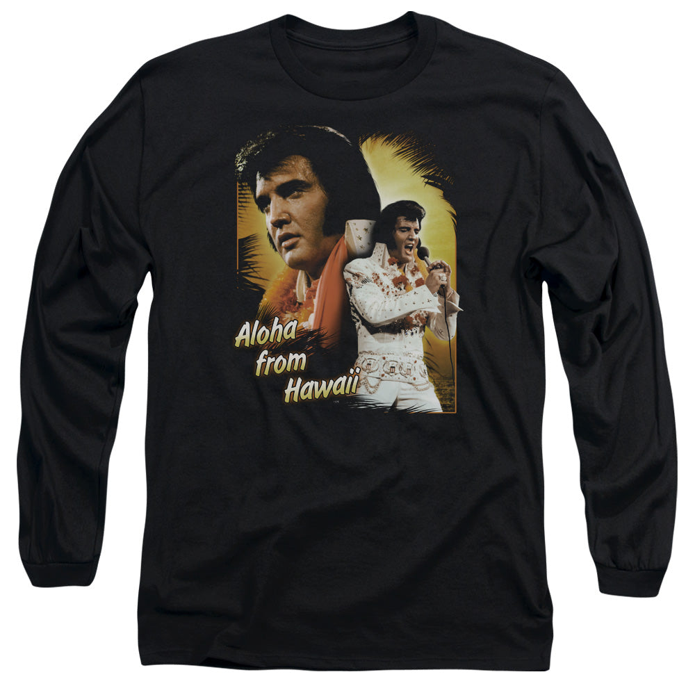 AN OFFCIALLY LICENSED ELVIS PRESLEY ALOHA MEN'S LONG SLEEVE T-SHIRT BLACK