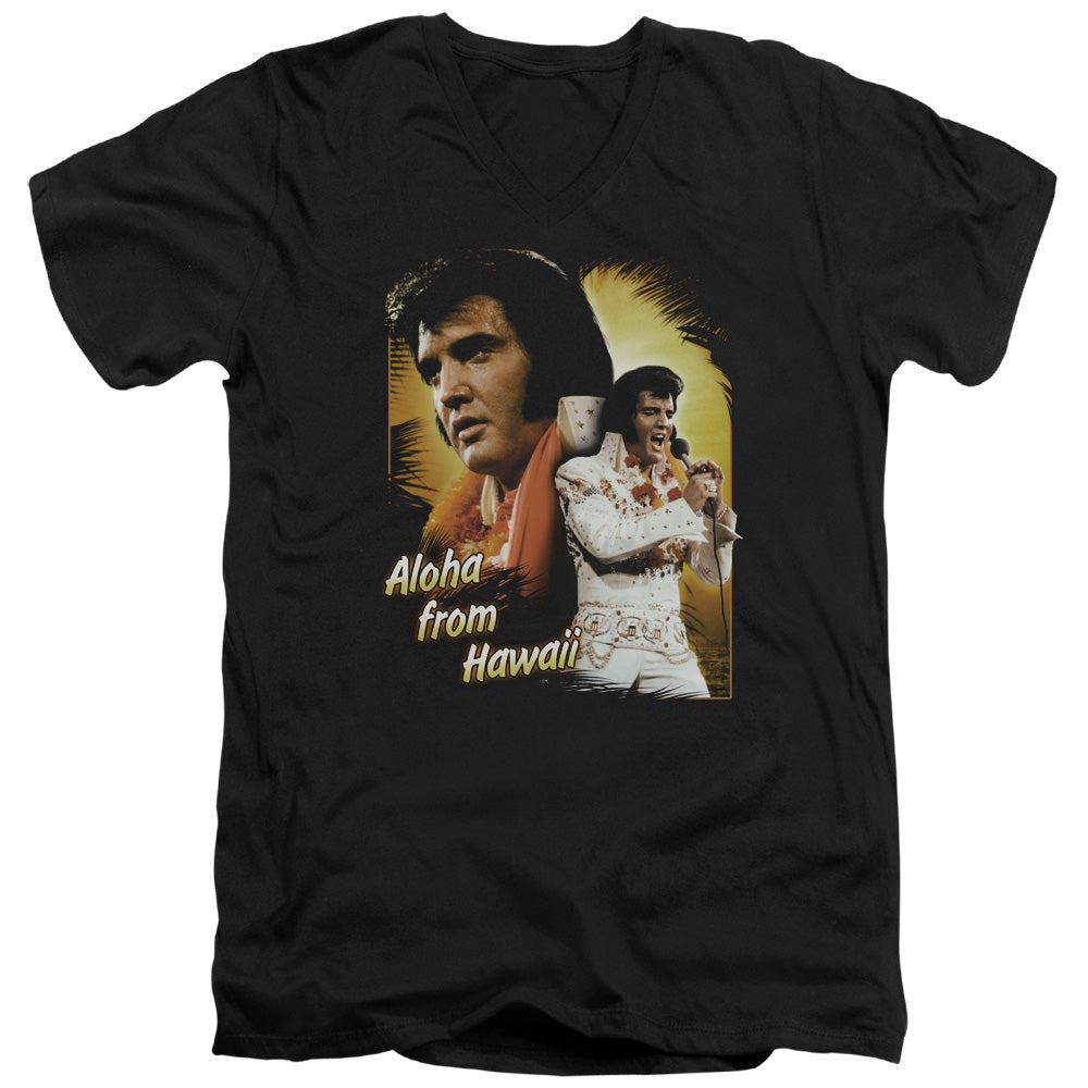 AN OFFCIALLY LICENSED ELVIS PRESLEY ALOHA MEN'S V-NECK T-SHIRT BLACK
