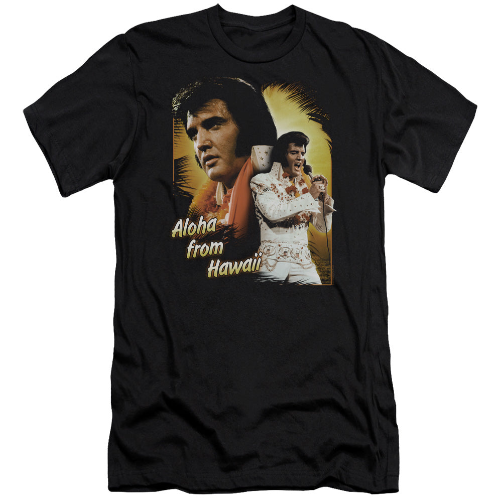 AN OFFCIALLY LICENSED ELVIS PRESLEY ALOHA MEN'S PREMIUM SLIM FIT T-SHIRT BLACK