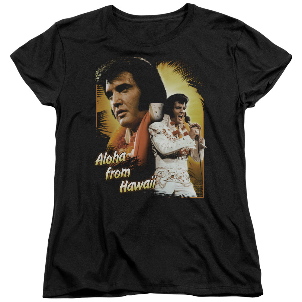 AN OFFCIALLY LICENSED ELVIS PRESLEY ALOHA WOMEN'S REGULAR FIT T-SHIRT BLACK