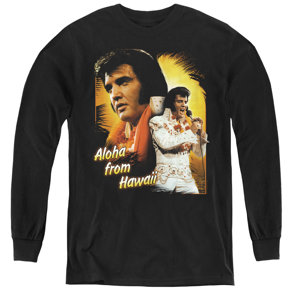 AN OFFCIALLY LICENSED ELVIS PRESLEY ALOHA YOUTH LONG SLEEVE T-SHIRT BLACK