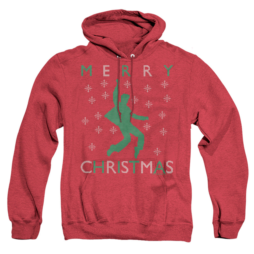 AN OFFCIALLY LICENSED ELVIS DANCING UGLY CHRISTMAS ADULT UNISEX HEATHER PULLOVER HOODIE RED