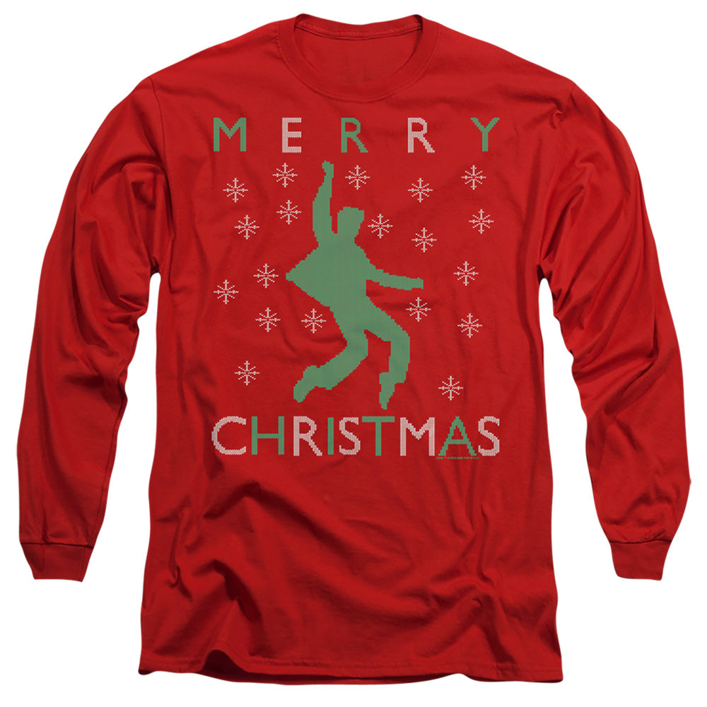 AN OFFCIALLY LICENSED ELVIS DANCING UGLY CHRISTMAS MEN'S LONG SLEEVE T-SHIRT RED