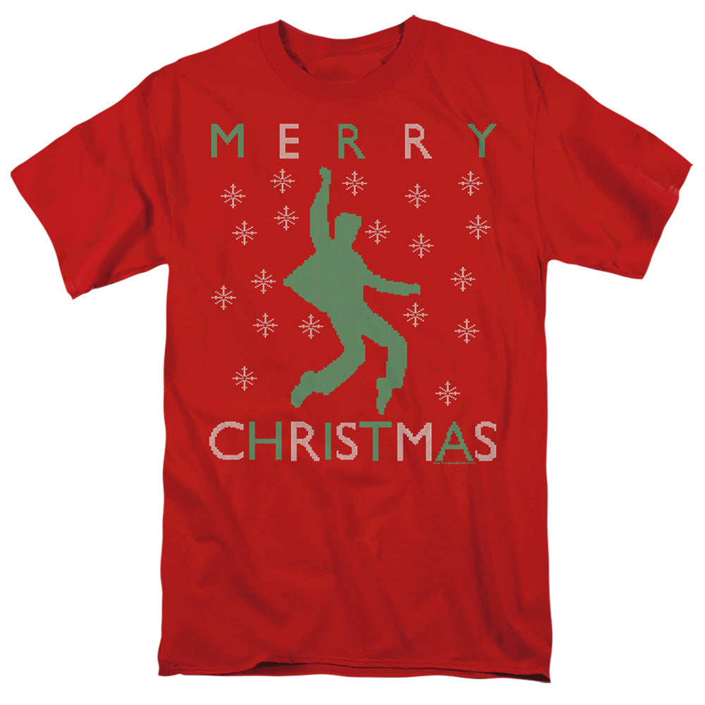 AN OFFCIALLY LICENSED ELVIS DANCING UGLY CHRISTMAS MEN'S REGULAR FIT T-SHIRT RED