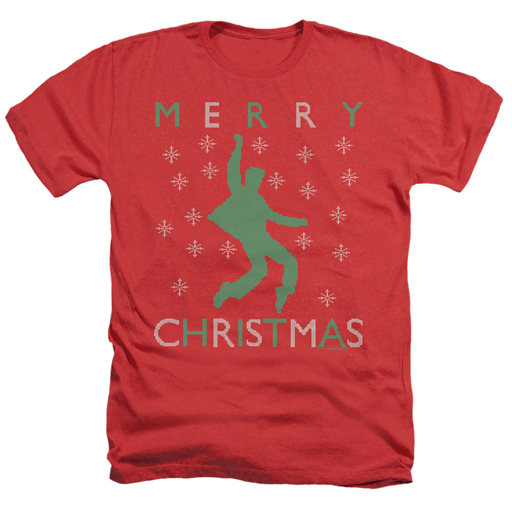 AN OFFCIALLY LICENSED ELVIS DANCING UGLY CHRISTMAS MEN'S HEATHER T-SHIRT RED
