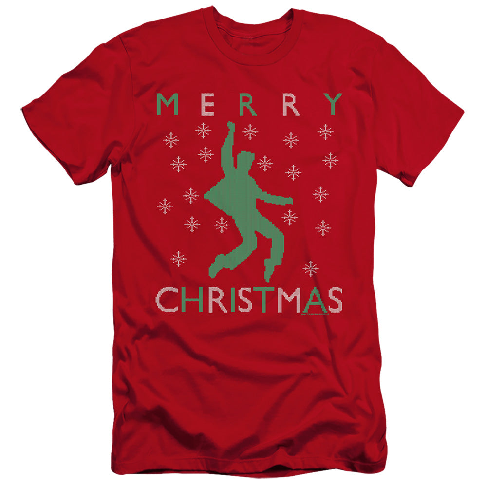 AN OFFCIALLY LICENSED ELVIS DANCING UGLY CHRISTMAS MEN'S PREMIUM SLIM FIT T-SHIRT RED