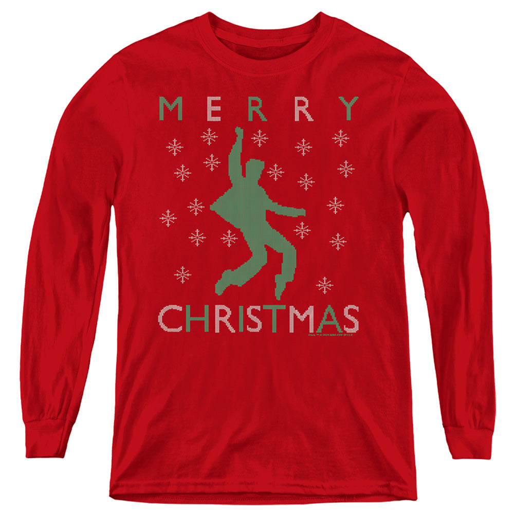 AN OFFCIALLY LICENSED ELVIS DANCING UGLY CHRISTMAS YOUTH LONG SLEEVE T-SHIRT RED