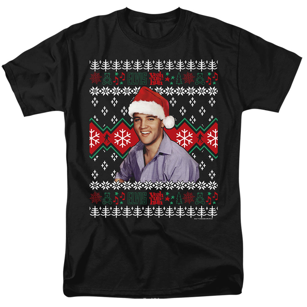 AN OFFCIALLY LICENSED ELVIS UGLY CHRISTMAS SWEATER MEN'S REGULAR FIT T-SHIRT BLACK