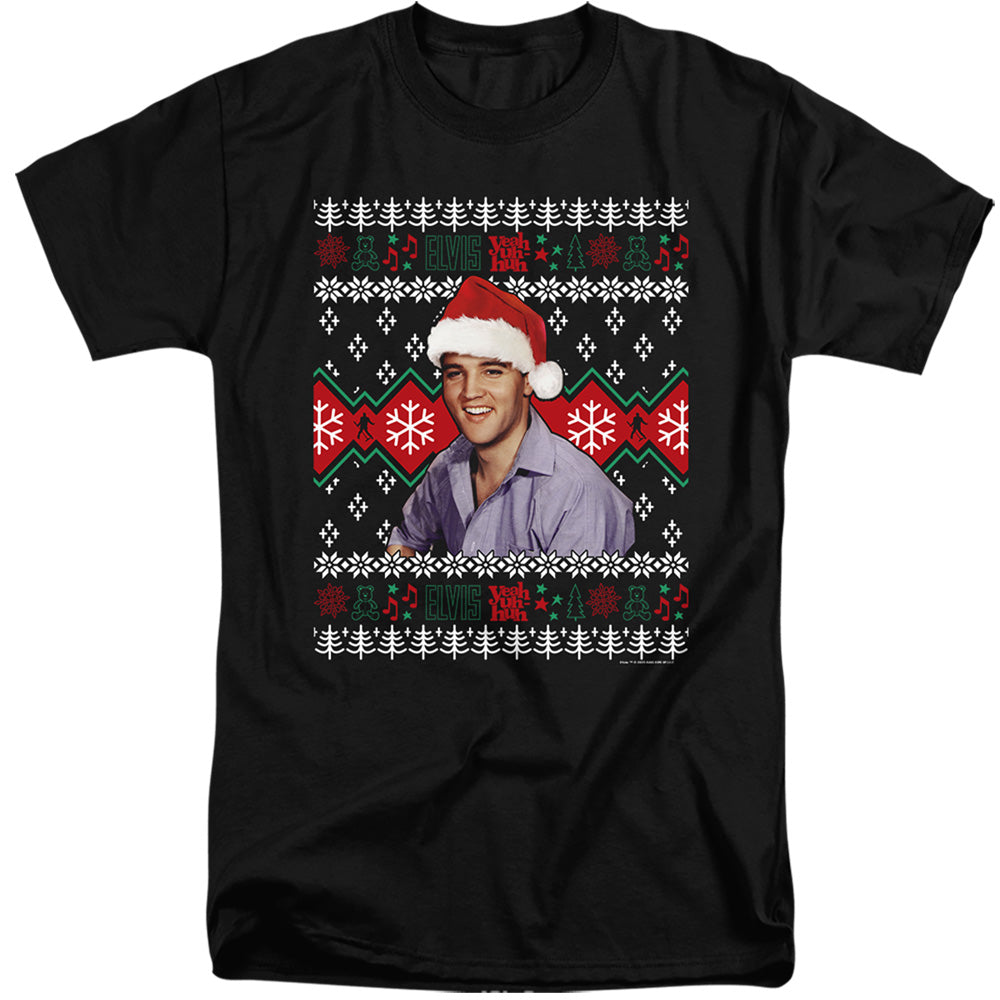 AN OFFCIALLY LICENSED ELVIS UGLY CHRISTMAS SWEATER MEN'S TALL FIT T-SHIRT BLACK