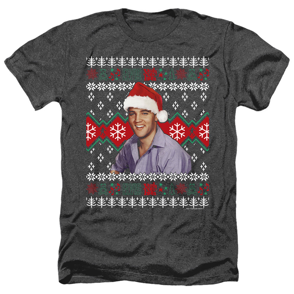 AN OFFCIALLY LICENSED ELVIS UGLY CHRISTMAS SWEATER MEN'S HEATHER T-SHIRT CHARCOAL