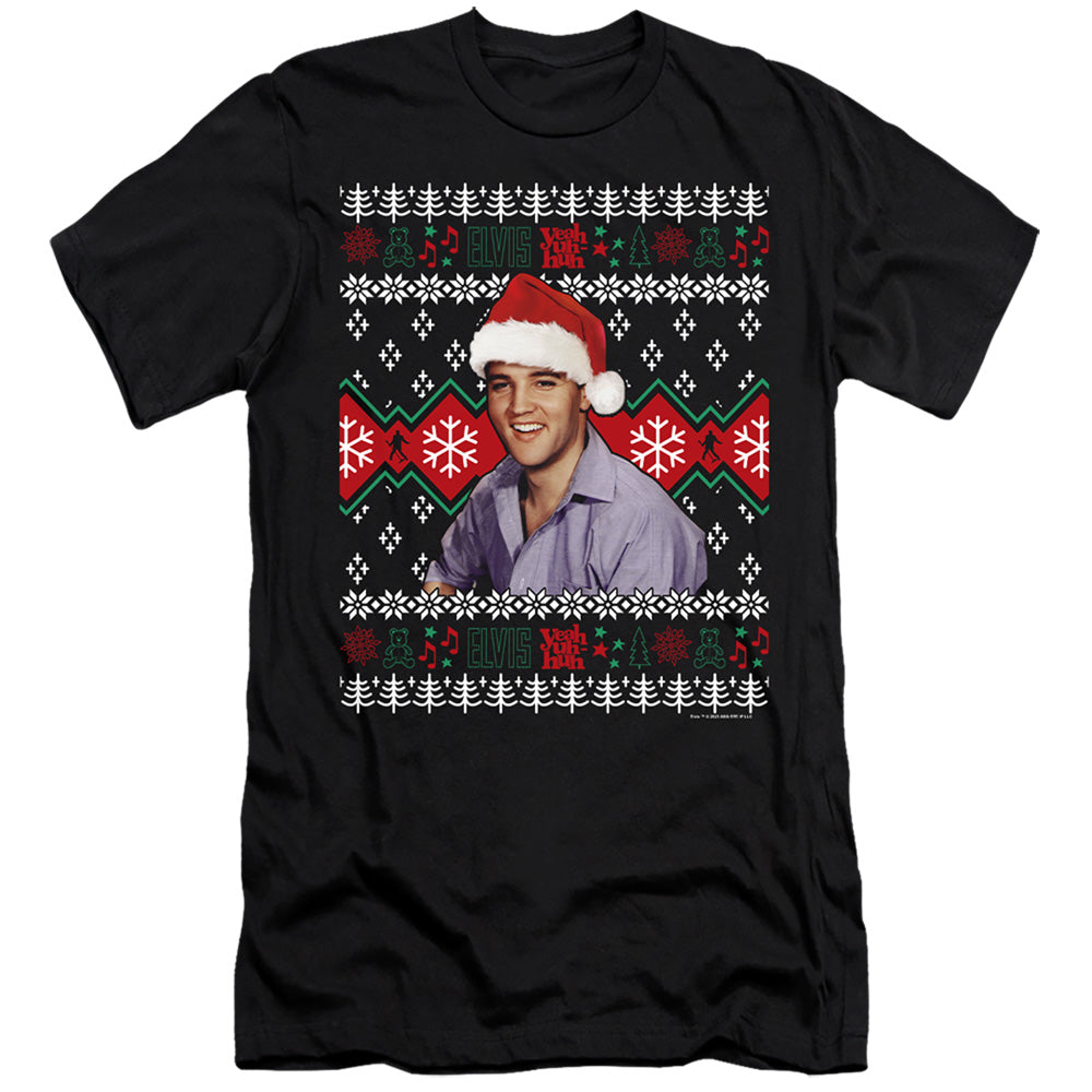 AN OFFCIALLY LICENSED ELVIS UGLY CHRISTMAS SWEATER MEN'S PREMIUM SLIM FIT T-SHIRT BLACK