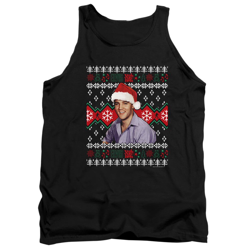 AN OFFCIALLY LICENSED ELVIS UGLY CHRISTMAS SWEATER ADULT UNISEX TANK TOP BLACK