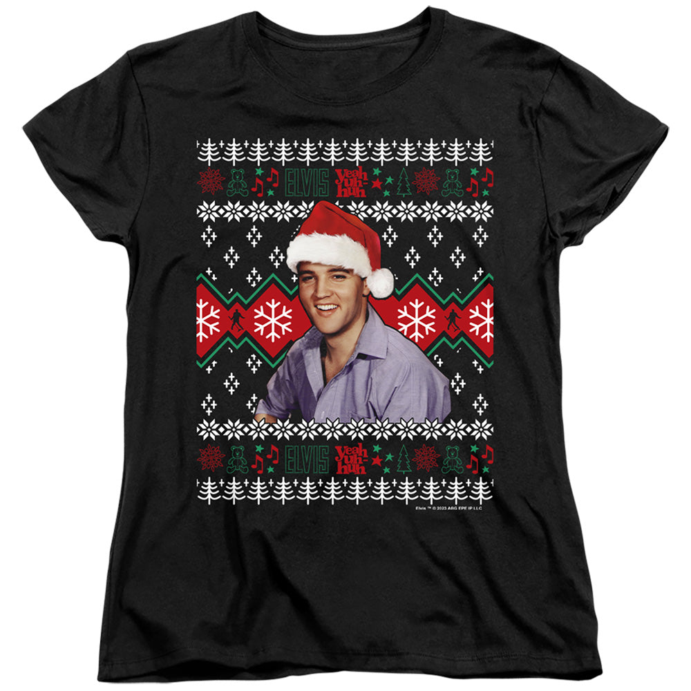 AN OFFCIALLY LICENSED ELVIS UGLY CHRISTMAS SWEATER WOMEN'S REGULAR FIT T-SHIRT BLACK