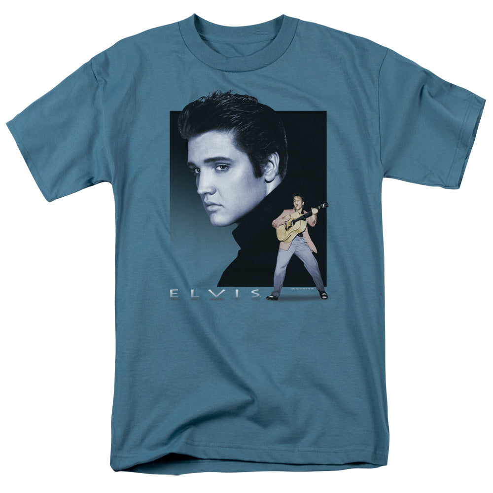 AN OFFCIALLY LICENSED ELVIS PRESLEY BLUE ROCKER MEN'S REGULAR FIT T-SHIRT SLATE