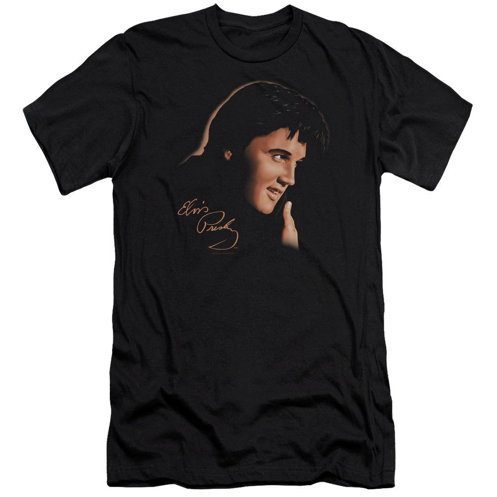 AN OFFCIALLY LICENSED ELVIS PRESLEY WARM PORTRAIT MEN'S PREMIUM SLIM FIT T-SHIRT BLACK