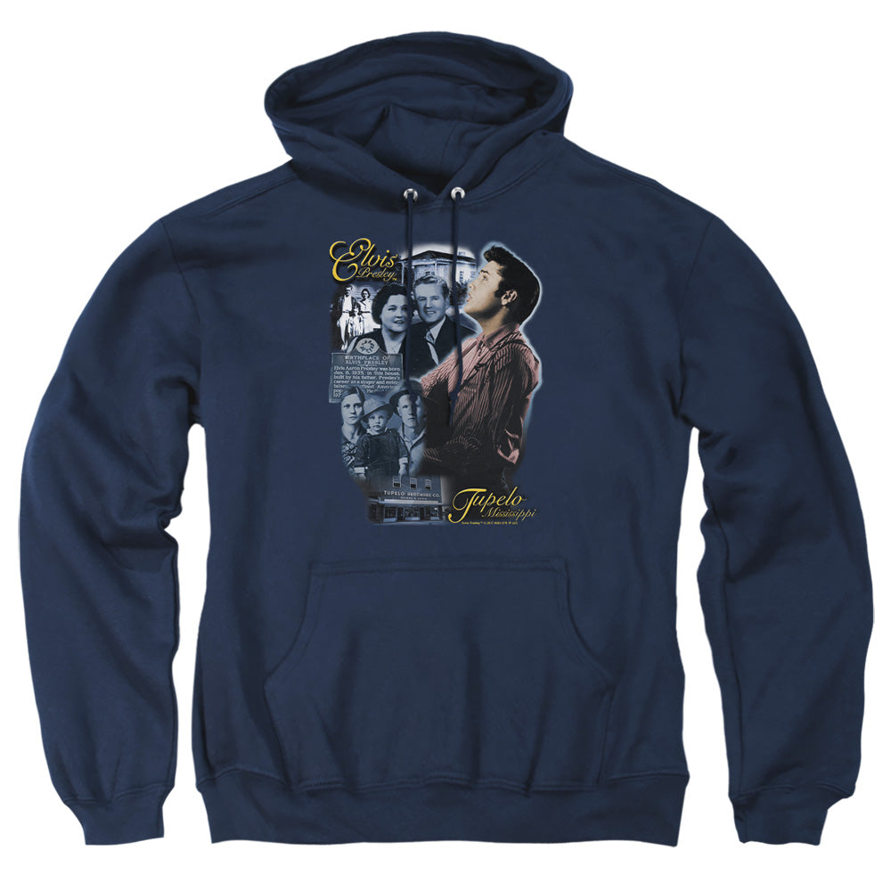 AN OFFCIALLY LICENSED ELVIS PRESLEY TUPELO ADULT UNISEX PULLOVER HOODIE NAVY