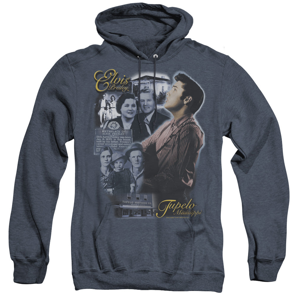 AN OFFCIALLY LICENSED ELVIS PRESLEY TUPELO ADULT UNISEX HEATHER PULLOVER HOODIE NAVY
