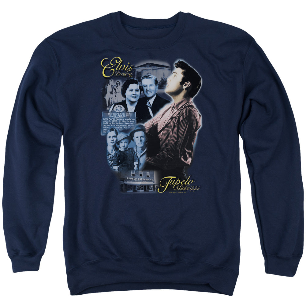 AN OFFCIALLY LICENSED ELVIS PRESLEY TUPELO ADULT UNISEX CREWNECK SWEATSHIRT NAVY
