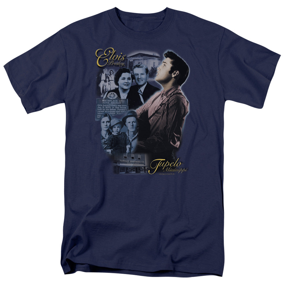 AN OFFCIALLY LICENSED ELVIS PRESLEY TUPELO MEN'S REGULAR FIT T-SHIRT NAVY