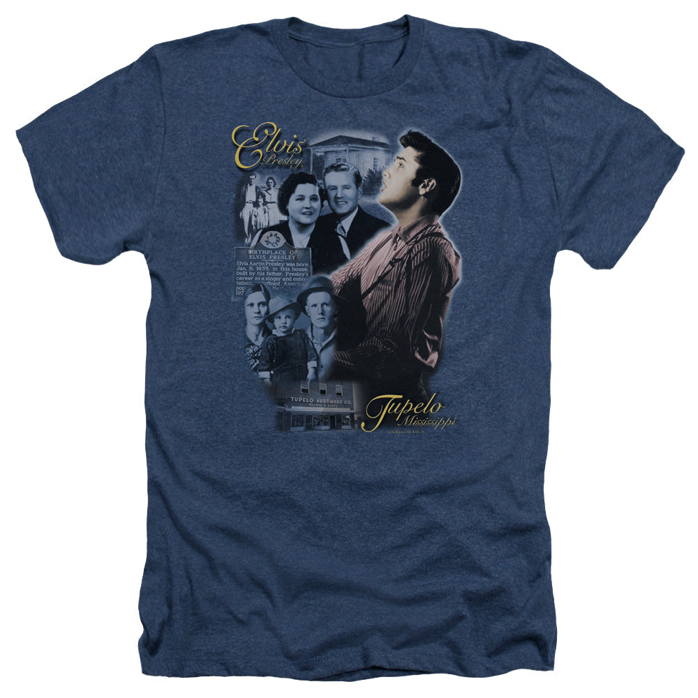 AN OFFCIALLY LICENSED ELVIS PRESLEY TUPELO MEN'S HEATHER T-SHIRT NAVY