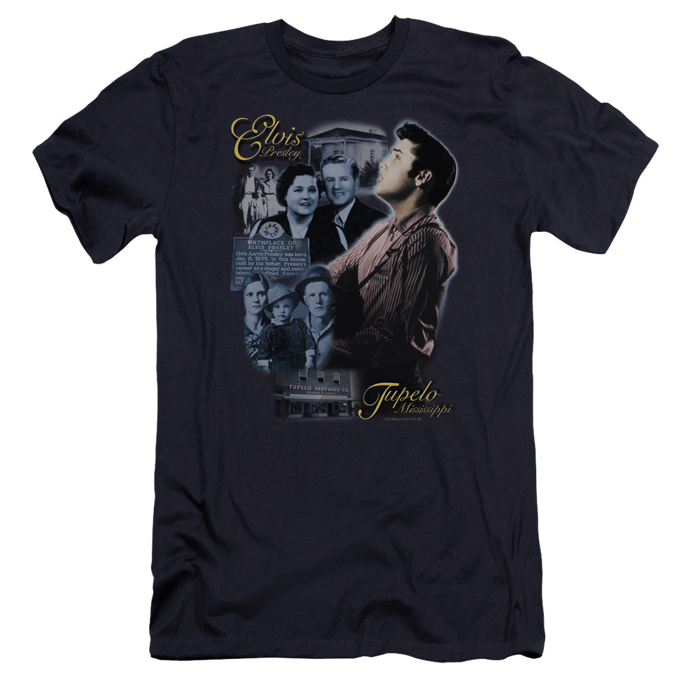 AN OFFCIALLY LICENSED ELVIS PRESLEY TUPELO MEN'S PREMIUM SLIM FIT T-SHIRT NAVY
