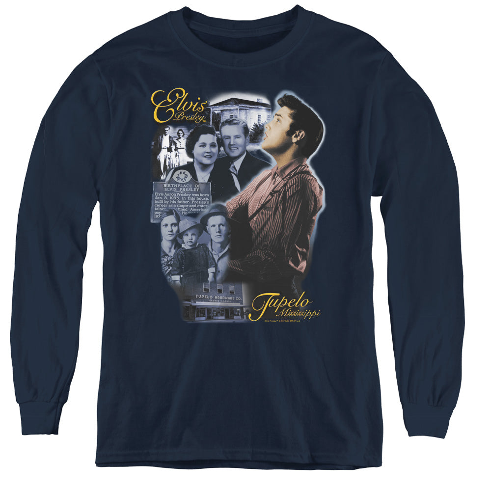 AN OFFCIALLY LICENSED ELVIS PRESLEY TUPELO YOUTH LONG SLEEVE T-SHIRT NAVY