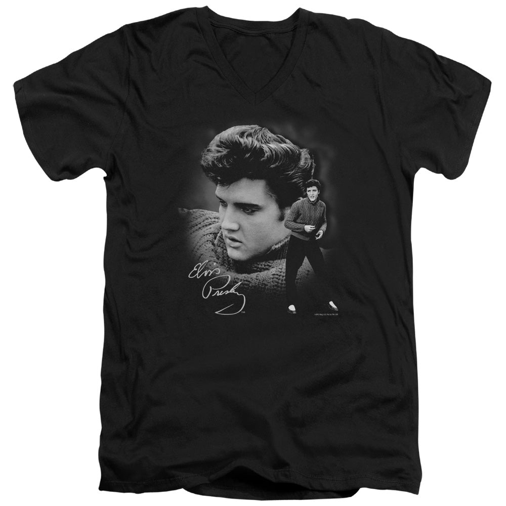 AN OFFCIALLY LICENSED ELVIS PRESLEY SWEATER MEN'S V-NECK T-SHIRT BLACK
