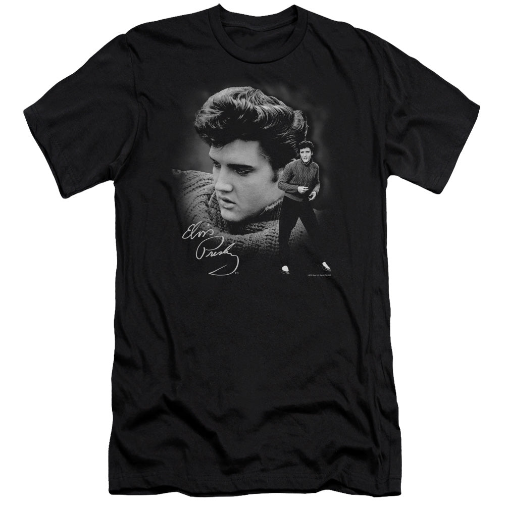 AN OFFCIALLY LICENSED ELVIS PRESLEY SWEATER MEN'S PREMIUM SLIM FIT T-SHIRT BLACK