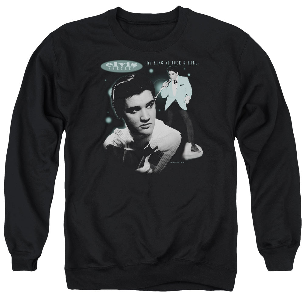 AN OFFCIALLY LICENSED ELVIS PRESLEY TEAL PORTRAIT ADULT UNISEX CREWNECK SWEATSHIRT BLACK