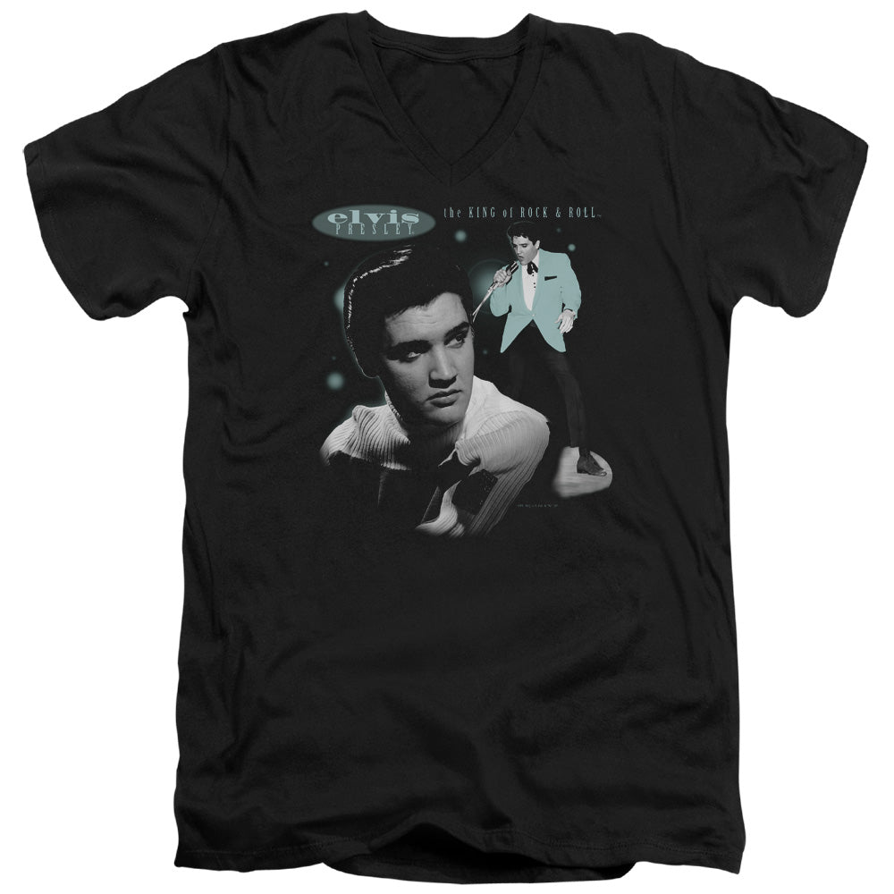 AN OFFCIALLY LICENSED ELVIS PRESLEY TEAL PORTRAIT MEN'S V-NECK T-SHIRT BLACK