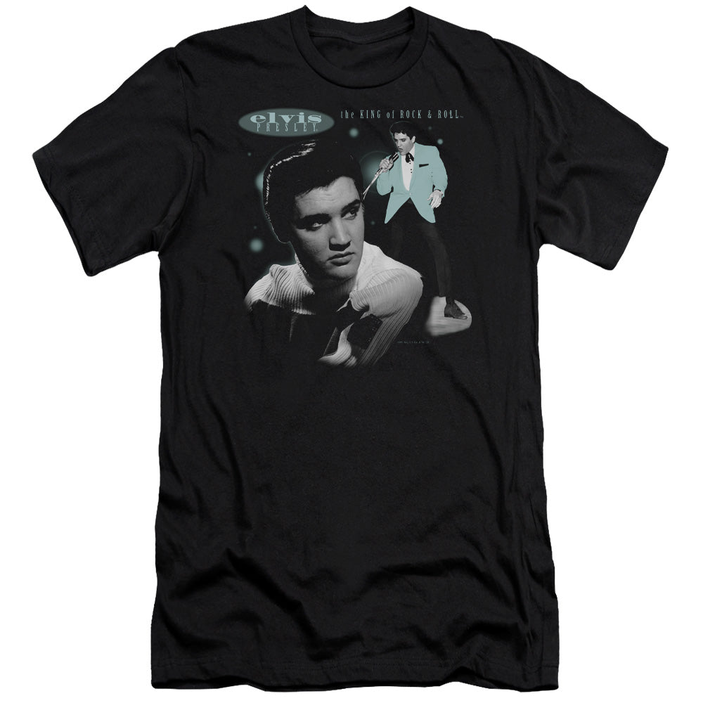 AN OFFCIALLY LICENSED ELVIS PRESLEY TEAL PORTRAIT MEN'S PREMIUM SLIM FIT T-SHIRT BLACK