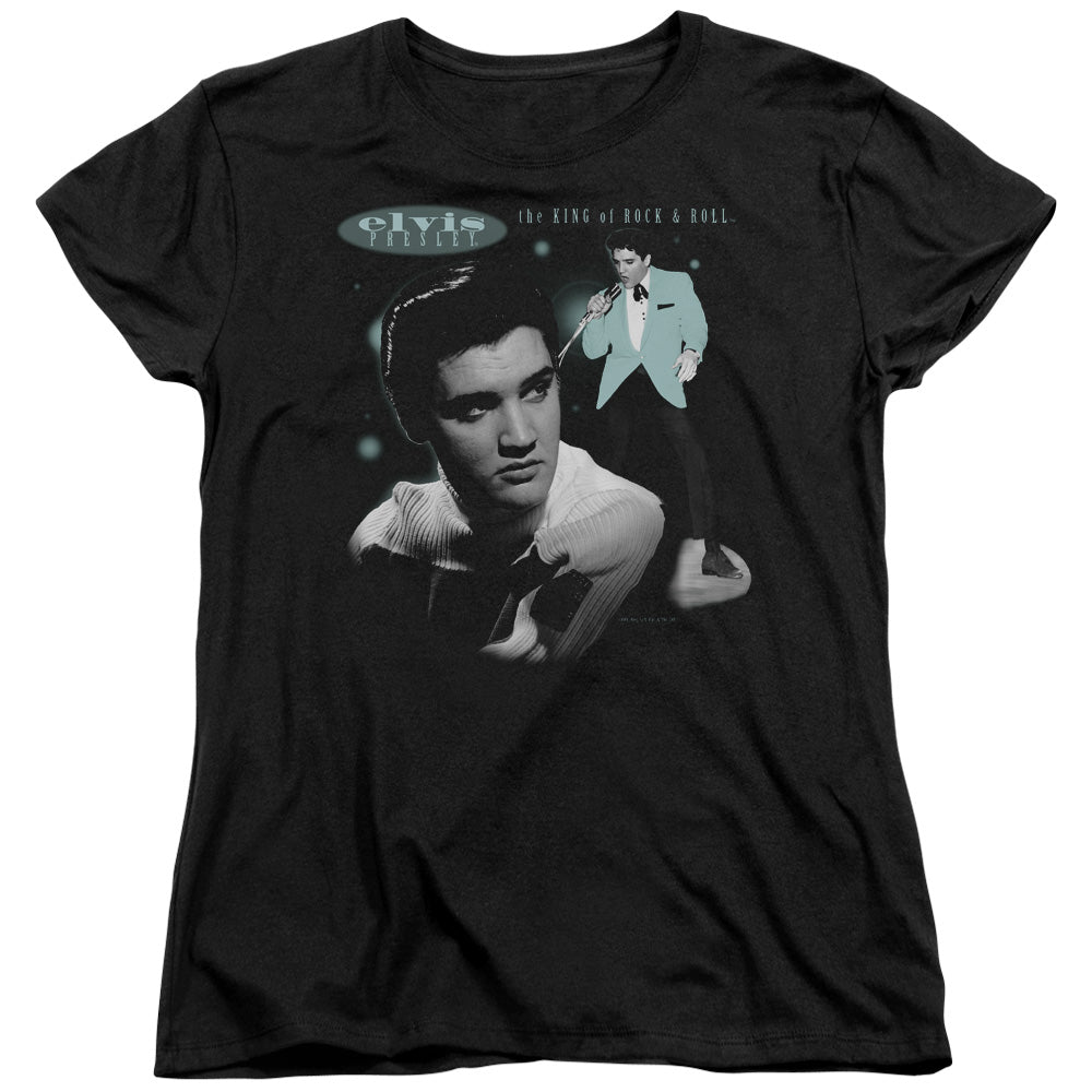 AN OFFCIALLY LICENSED ELVIS PRESLEY TEAL PORTRAIT WOMEN'S REGULAR FIT T-SHIRT BLACK