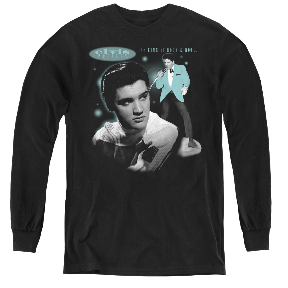 AN OFFCIALLY LICENSED ELVIS PRESLEY TEAL PORTRAIT YOUTH LONG SLEEVE T-SHIRT BLACK