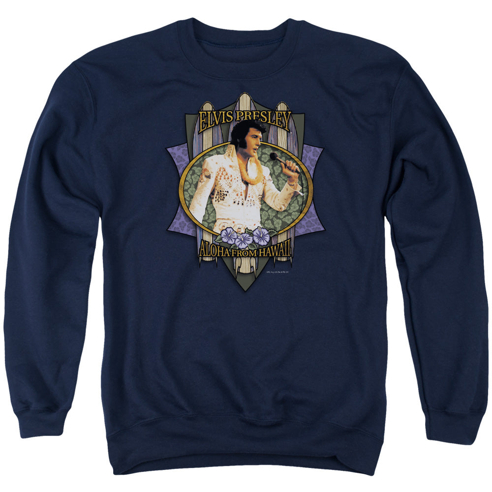 AN OFFCIALLY LICENSED ELVIS PRESLEY ALOHA FROM HAWAII ADULT UNISEX CREWNECK SWEATSHIRT NAVY